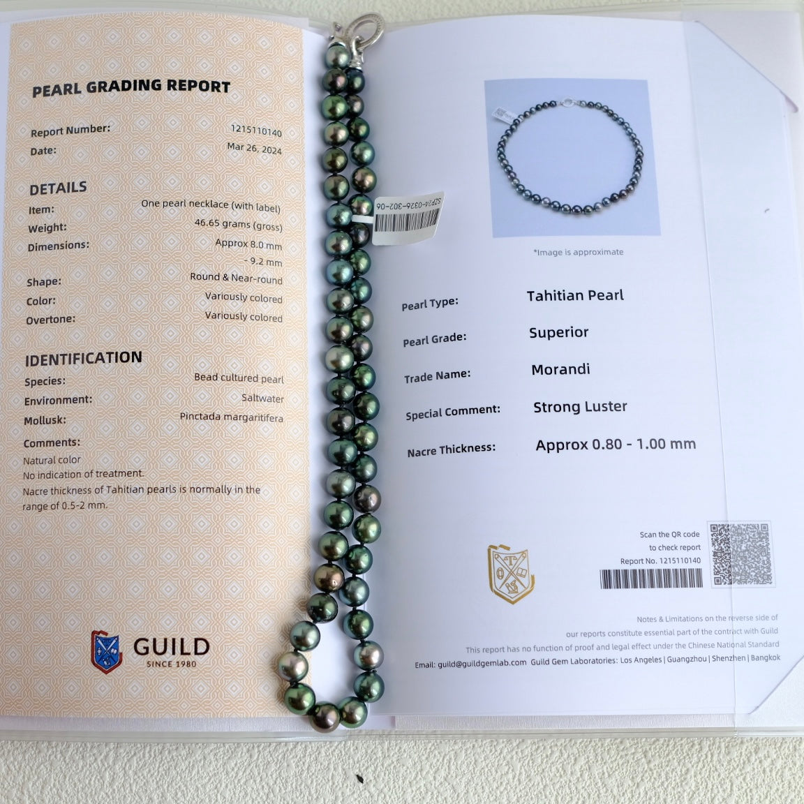 Tahitian Morandi Necklace, 8-9.2mm, Pearl Necklace, GUILD Certificate