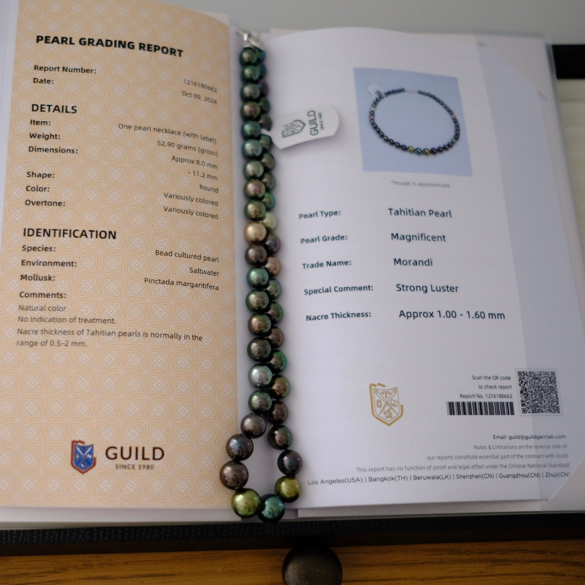 Tahitian Morandi Necklace, 8-11.2mm, Pearl Necklace, GUILD Certificate #0662