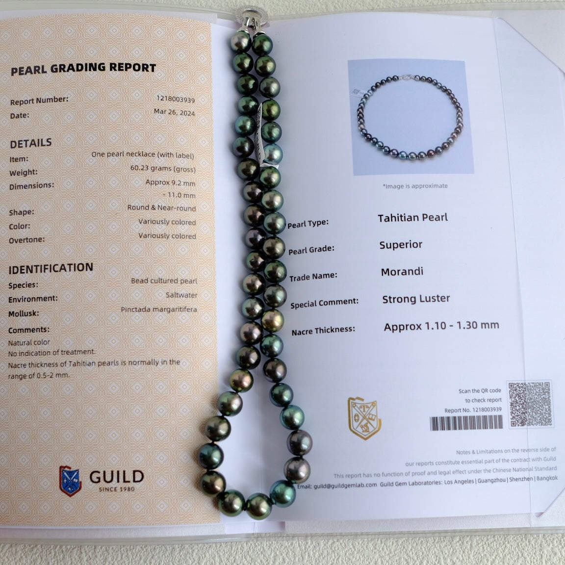 Tahitian Morandi Necklace, 9.2-11mm, Pearl Necklace, GUILD Certificate