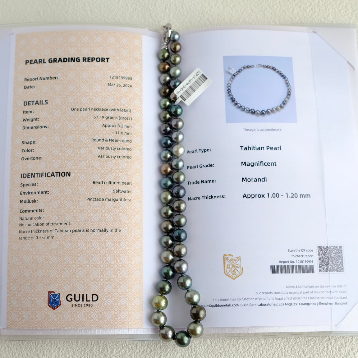 Tahitian Morandi Necklace, 8.2-11mm, Pearl Necklace, GUILD Certificate