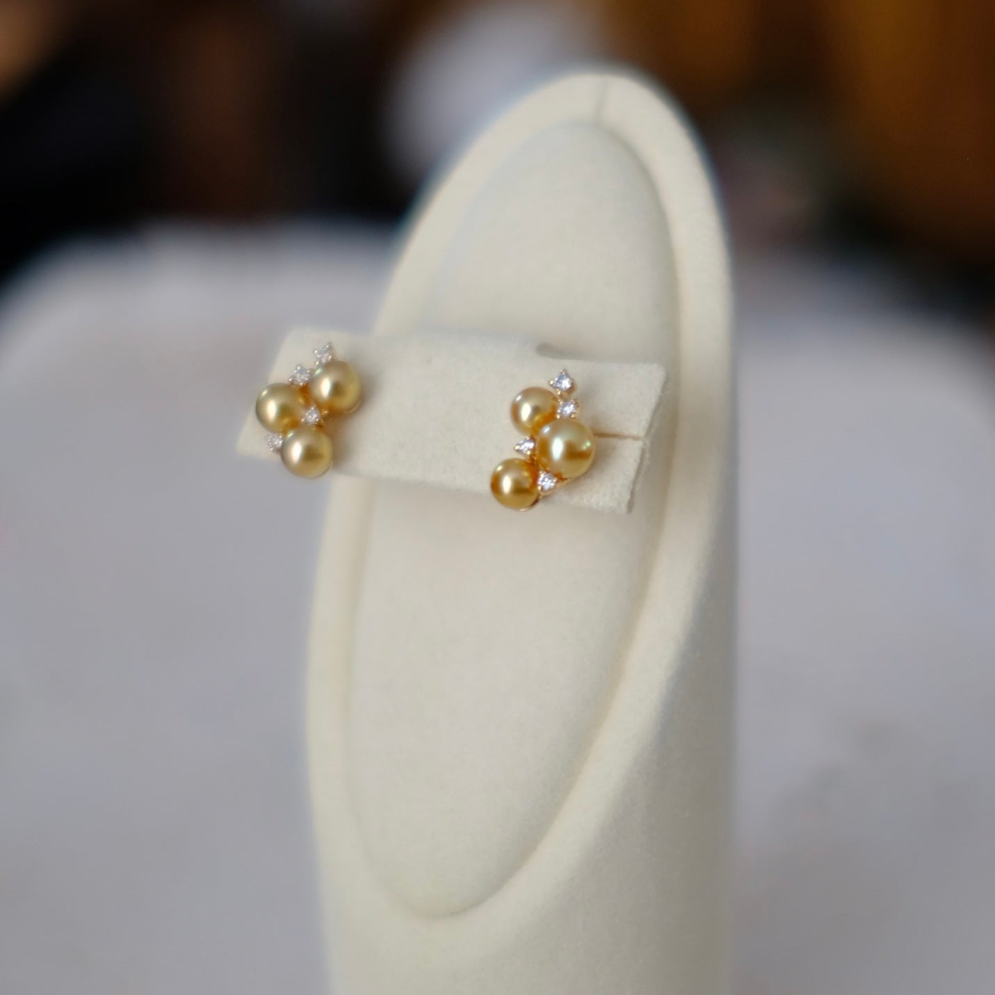 Golden South Sea Pearl, 18K Diamond Earrings, Round Keshi, 4-4.5mm