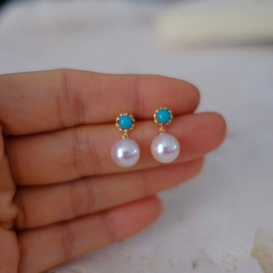 Akoya & Turquoise, 8-9mm, Pearl Earrings, AU750