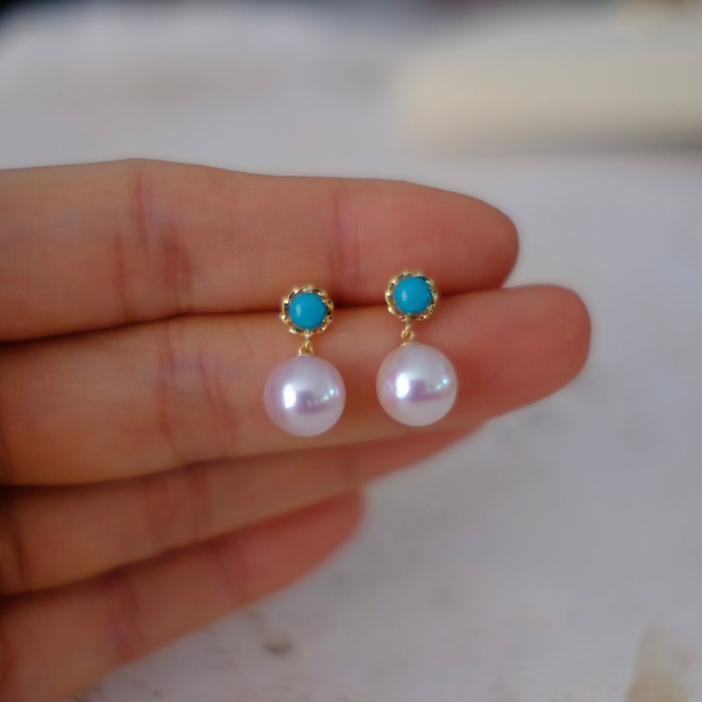 Akoya & Turquoise, 8-9mm, Pearl Earrings, AU750